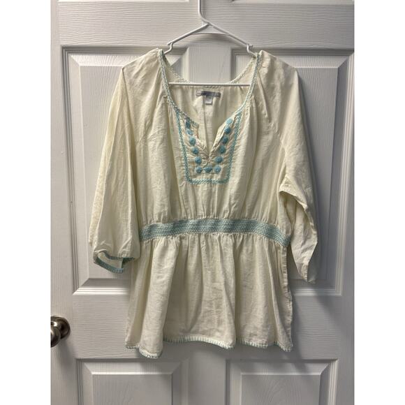 Old Navy Cream and Turquoise Cotton Cottage Peasant Top XXL - Picture 1 of 6